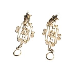 Vintage‎ Gold & White Drop Earrings 60s Scroll Filagree Clip-On